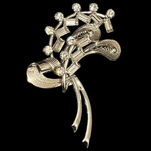CARL ART Designer .925 Sterling Silver Brooch w/ Round + Baguette Rhinestones